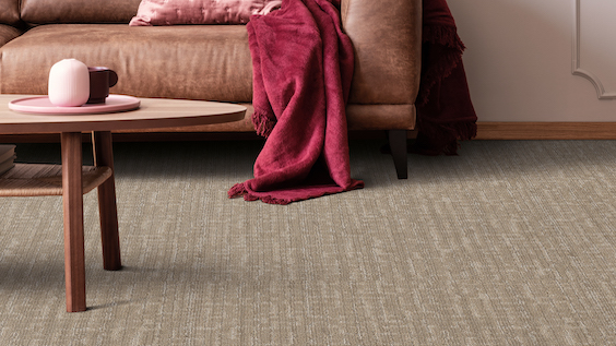 beautiful neutral beige carpet with a textured pattern in a cozy living room with a leather couch and wood coffee table