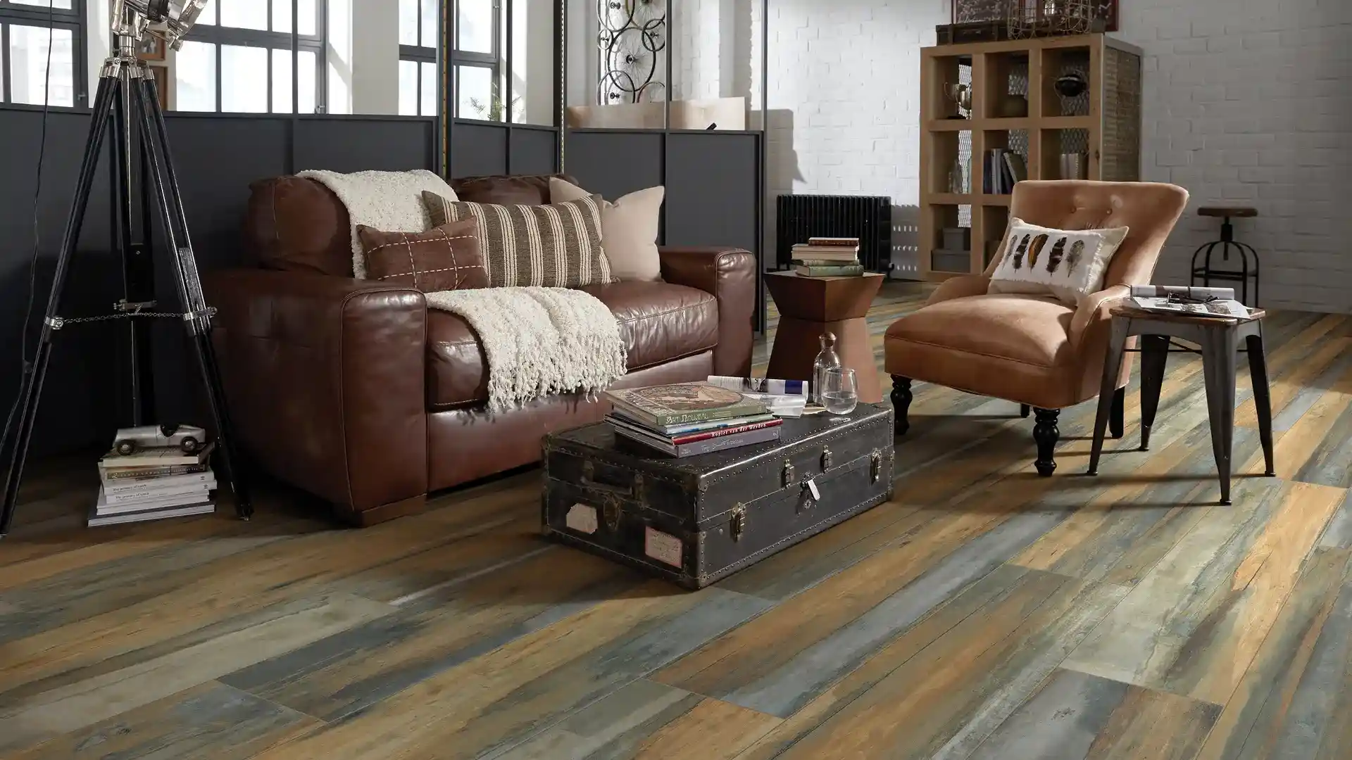 wood-look tile in a living room, brown cushions, rustic 