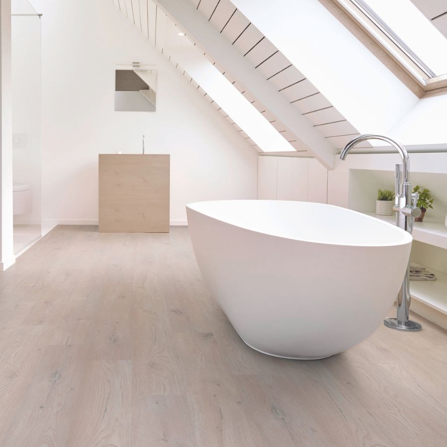 wood look waterproof luxury vinyl floors in a Dallas bathroom