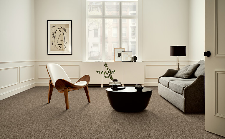 dark grey-brown carpet in midcentury modern living room